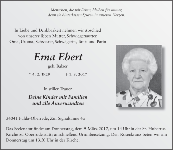 Traueranzeige von Erna Ebert 