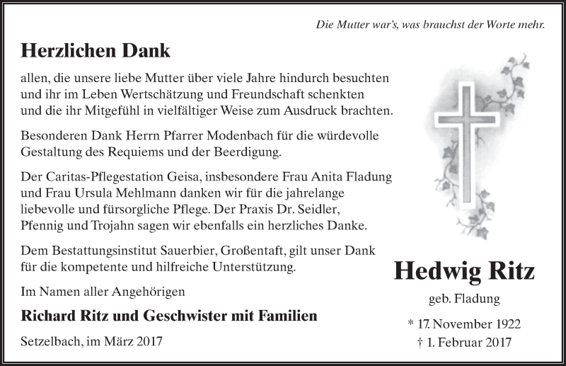  Traueranzeige für Hedwig Ritz vom 25.03.2017 aus 