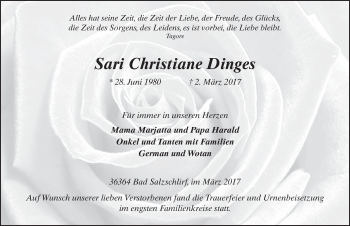 Traueranzeige von Sari Christiane Dinges 