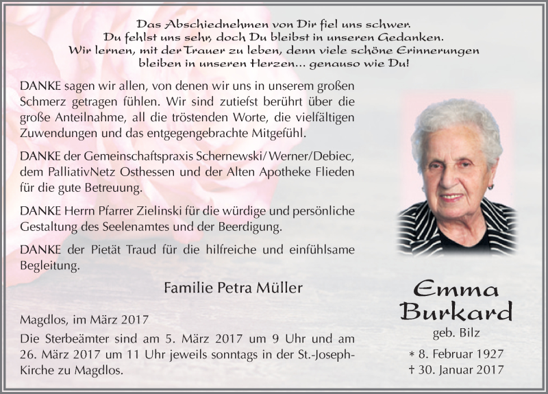  Traueranzeige für Emma Burkard vom 04.03.2017 aus 