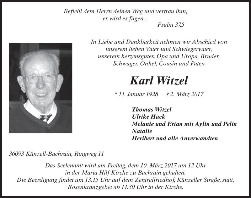  Traueranzeige für Karl Witzel vom 06.03.2017 aus 