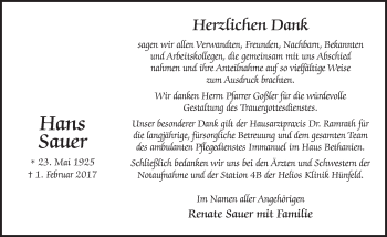 Traueranzeige von Hans Sauer 