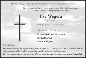 Traueranzeige von Ilse Wegera 