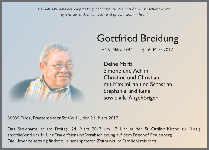  Traueranzeige für Gottfried Breidung vom 21.03.2017 aus 