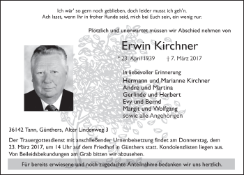 Traueranzeige von Erwin Kirchner 
