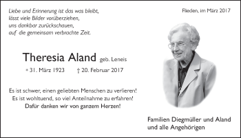 Traueranzeige von Theresia Aland 