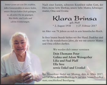 Traueranzeige von Klara Brinsa 