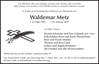 Traueranzeige von Waldemar Metz 