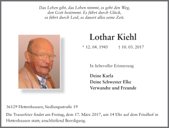 Traueranzeige von Lothar Kiehl 