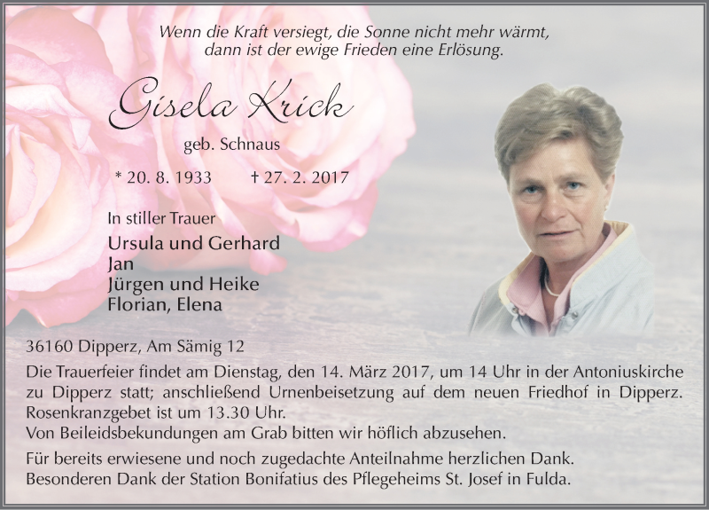  Traueranzeige für Gisela Krick vom 10.03.2017 aus 