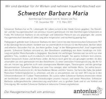 Traueranzeige von Barbara Maria Gutmann 