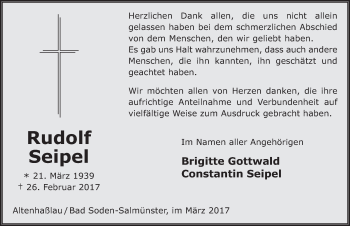 Traueranzeige von Rudolf Seipel 