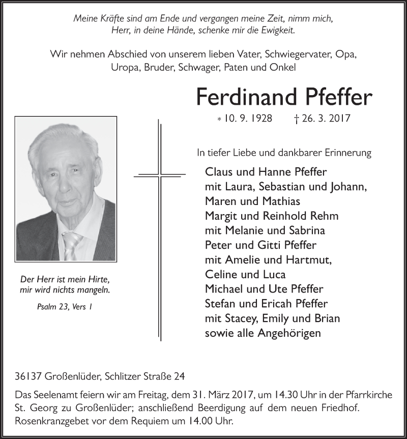  Traueranzeige für Ferdinand Pfeffer vom 30.03.2017 aus 
