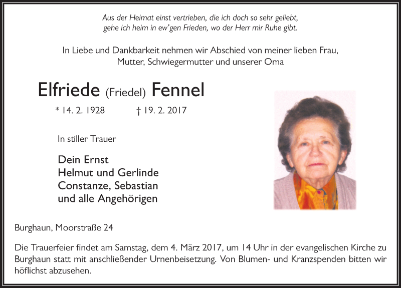  Traueranzeige für Elfriede Fennel vom 01.03.2017 aus 