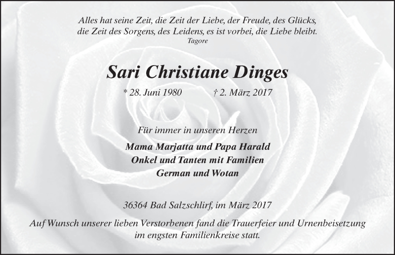  Traueranzeige für Sari Christiane Dinges vom 25.03.2017 aus 