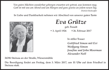 Traueranzeige von Eva Grütze 