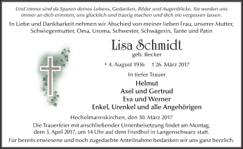 Traueranzeige von Lisa Schmidt 