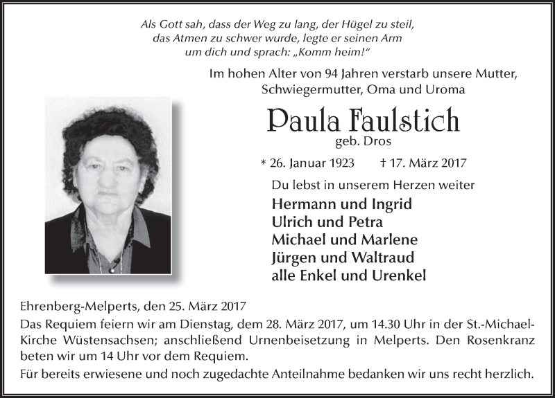  Traueranzeige für Paula Faulstich vom 25.03.2017 aus 