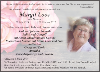 Traueranzeige von Margit Loos 