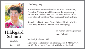 Traueranzeige von Hildegard Schmitt 