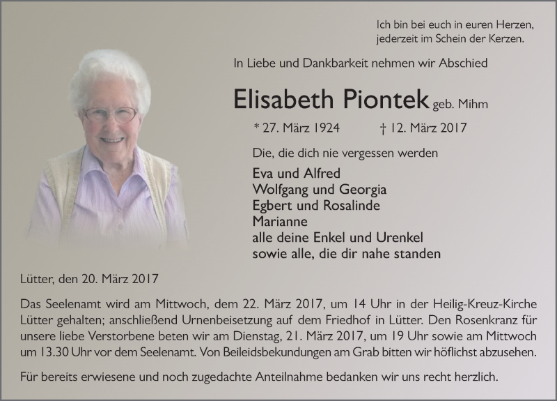  Traueranzeige für Elisabeth Piontek vom 20.03.2017 aus 