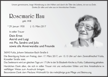 Traueranzeige von Rosemarei Hau 
