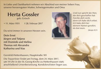 Traueranzeige von Herta Gossler 