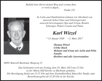 Traueranzeige von Karl Witzel 