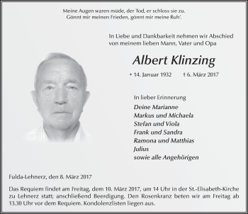 Traueranzeige von Albert Klinzing 