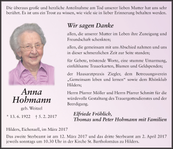 Traueranzeige von Anna Hohmann 