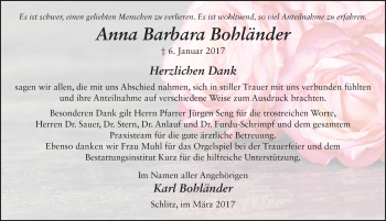 Traueranzeige von Anna Barbara Bohländer 