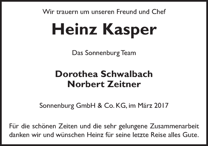  Traueranzeige für Heinz Kasper vom 18.03.2017 aus 