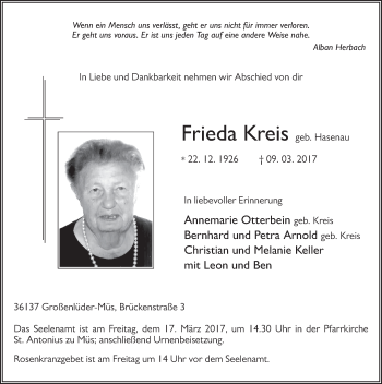 Traueranzeige von Frieda Kreis 