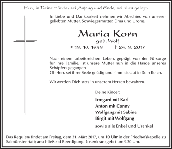 Traueranzeige von Maria Korn 