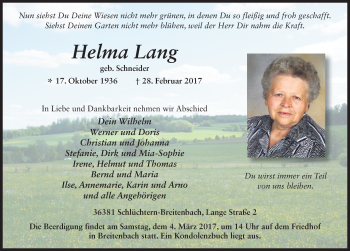 Traueranzeige von Helma Lang 