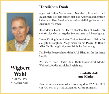 Traueranzeige von Wigbert Wahl 