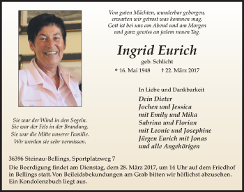 Traueranzeige von Ingrid Eurich 