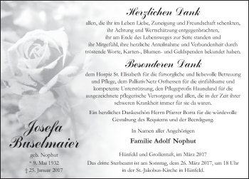 Traueranzeige von Josefa Buselmaier 