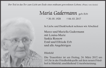 Traueranzeige von Maria Gadermann 