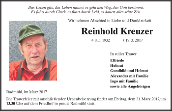 Traueranzeige von Reinhold Kreuzer 