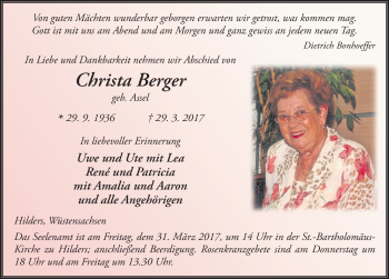 Traueranzeige von Christa Berger 