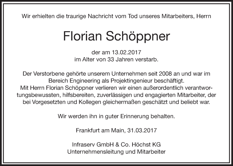  Traueranzeige für Florian Schöppner vom 31.03.2017 aus 