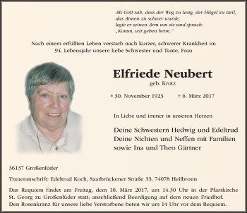 Traueranzeige von Elfriede Neubert 