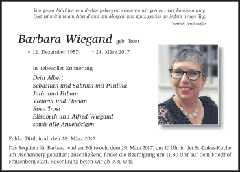 Traueranzeige von Barbara Wiegand 