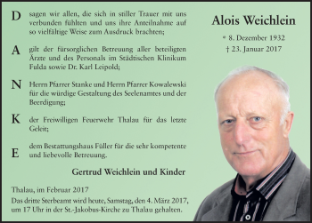 Traueranzeige von Alois Weichlein 