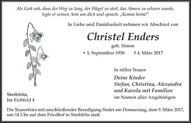  Traueranzeige für Christel Enders vom 07.03.2017 aus 