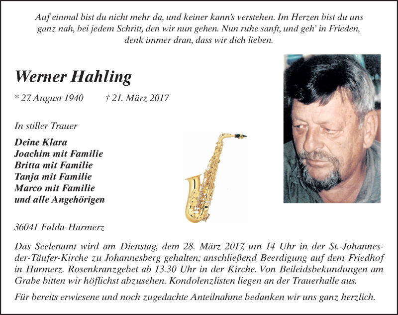  Traueranzeige für Werner Hahling vom 25.03.2017 aus 