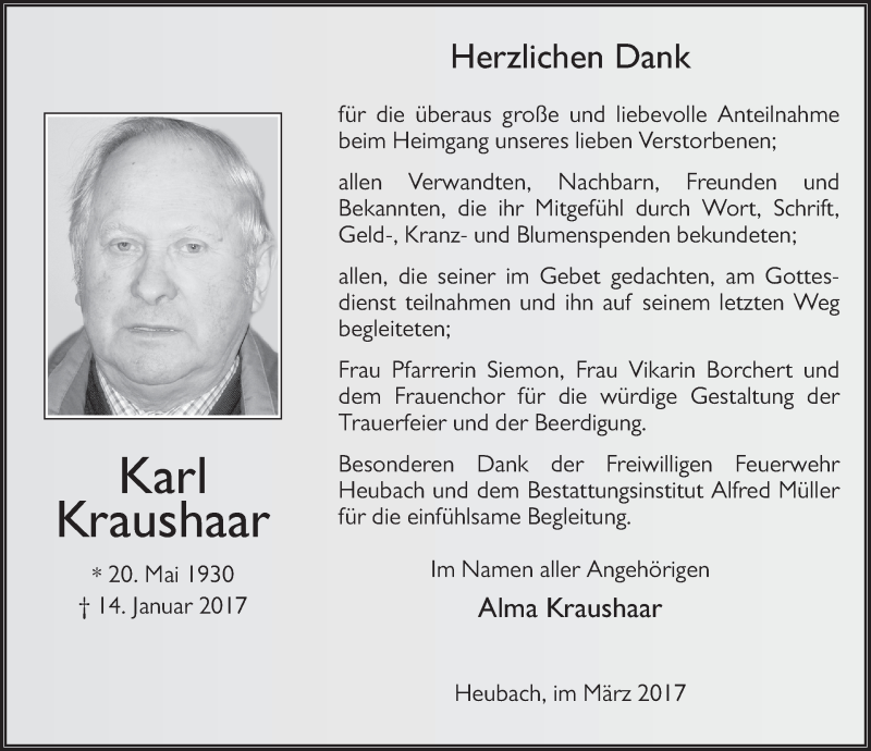  Traueranzeige für Karl Kraushaar vom 03.03.2017 aus 