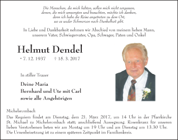 Traueranzeige von Helmut Dendel 