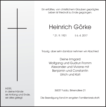 Traueranzeige von Heinrich Görke 